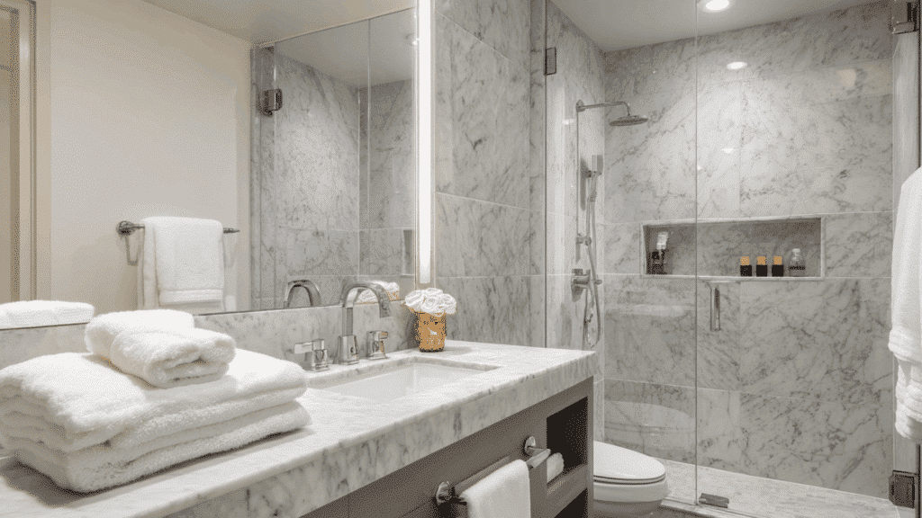 bookmatched stone slab walls