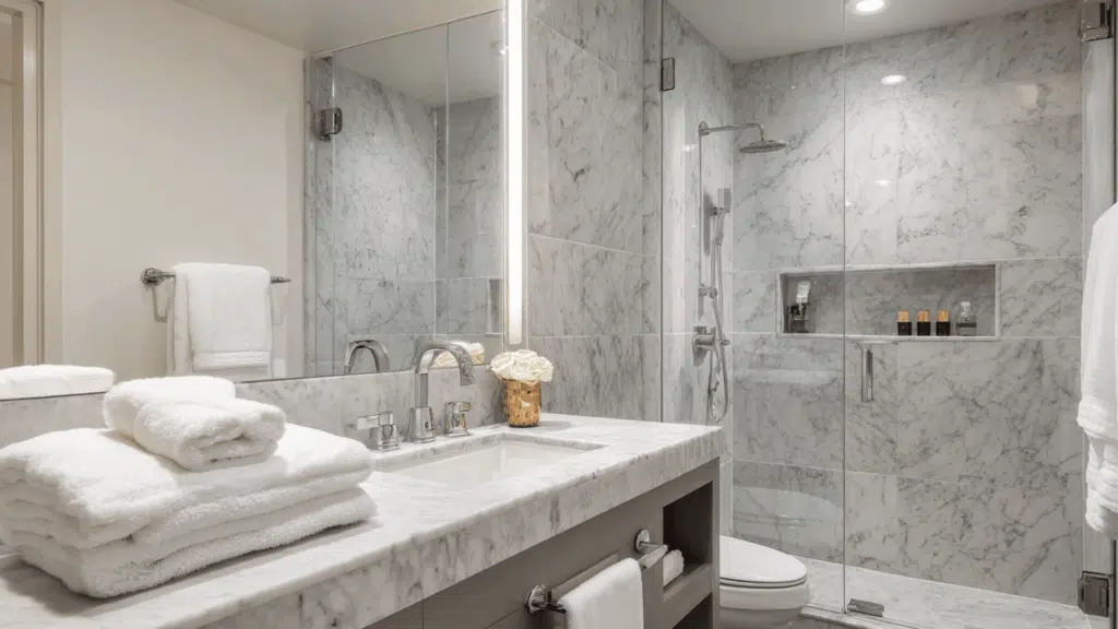 bookmatched stone slab walls