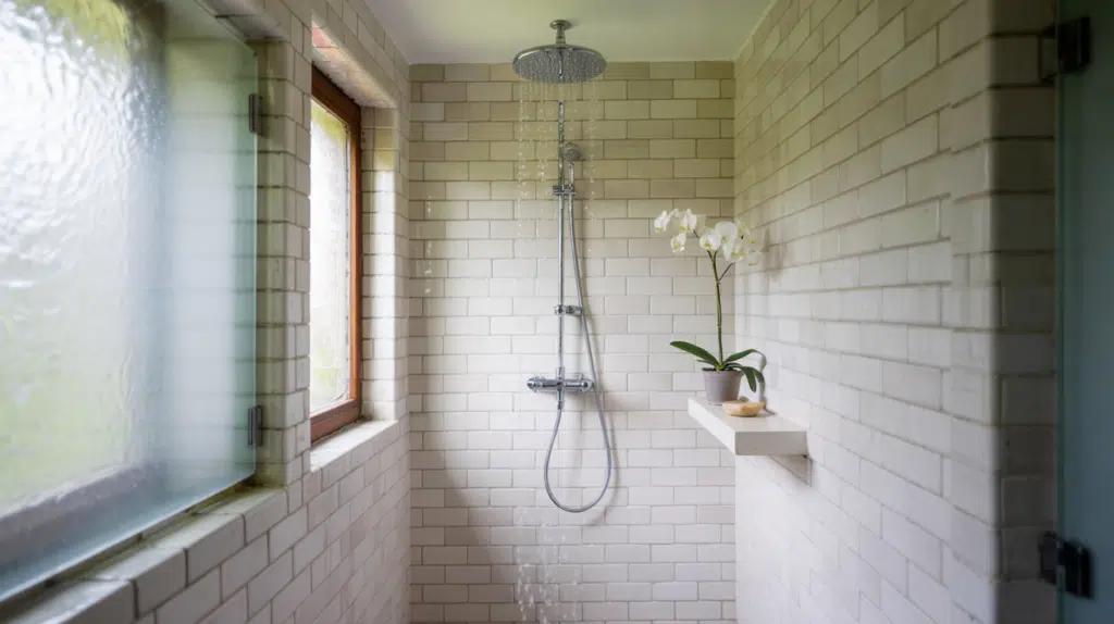 ceiling mounted showerhead walk in shower small bathroom ideas