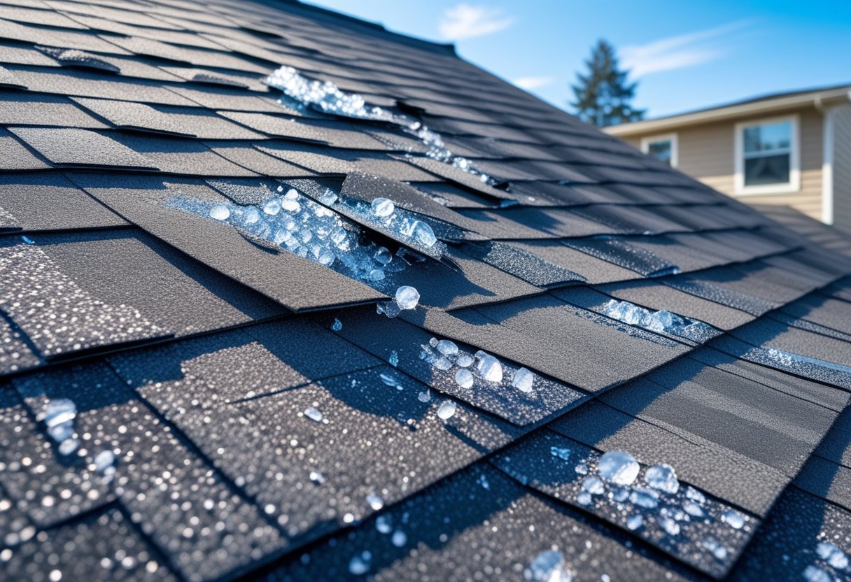 Close-up of a residential roof with visible dents and cracks on asphalt shingles caused by hail damage.