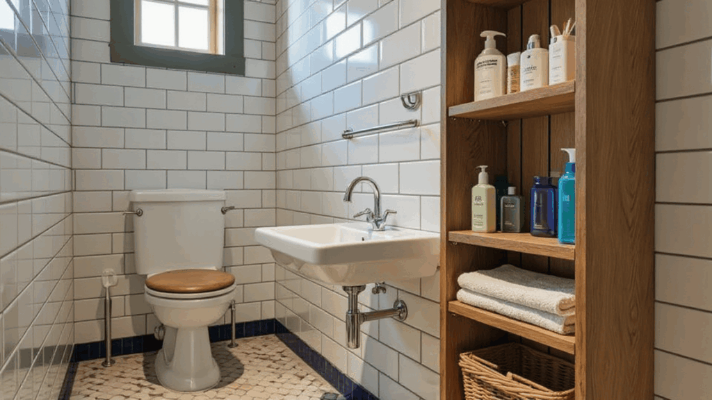 compact storage wall half bathroom remodel ideas