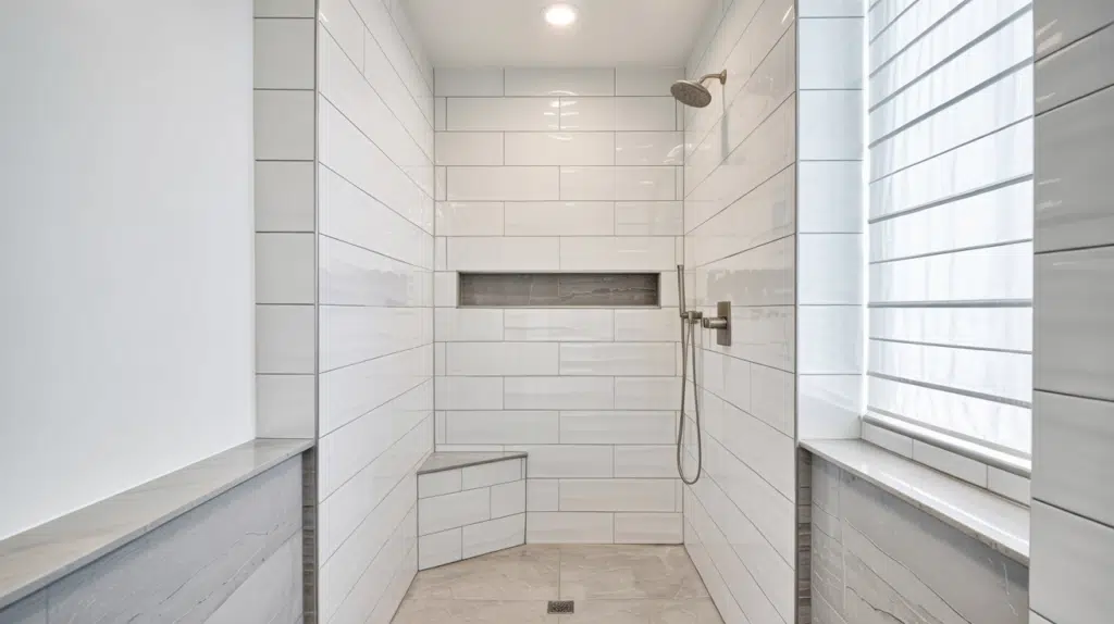 corner foot ledge walk in shower small bathroom ideas