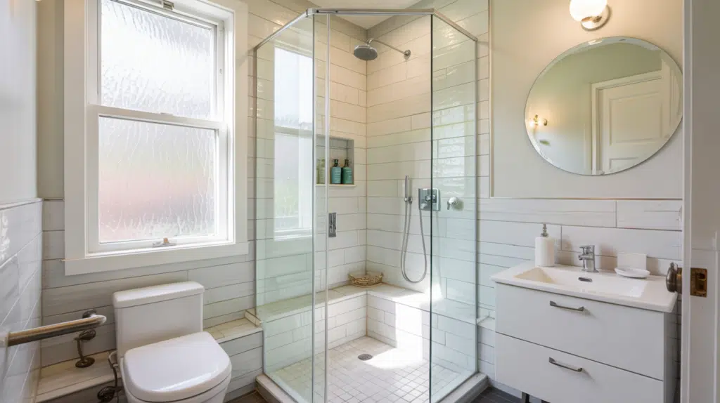 corner walk in shower clear panels small bathroom ideas