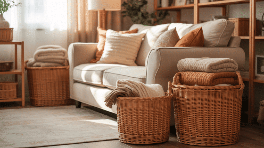 cozy small living room baskets