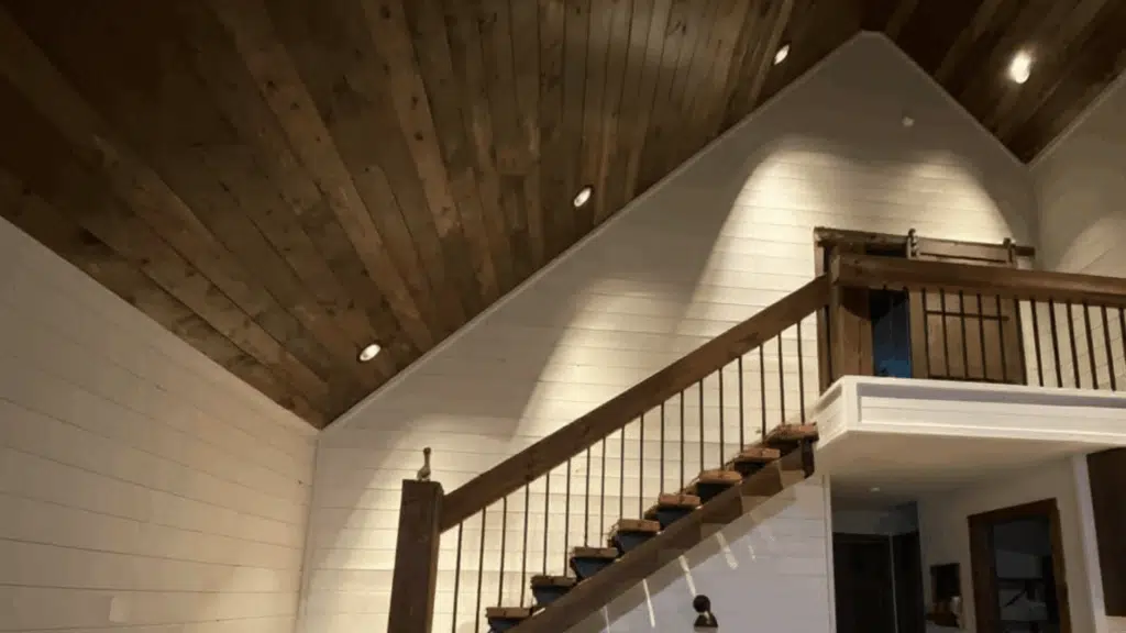 dark stained wood vaulted ceiling