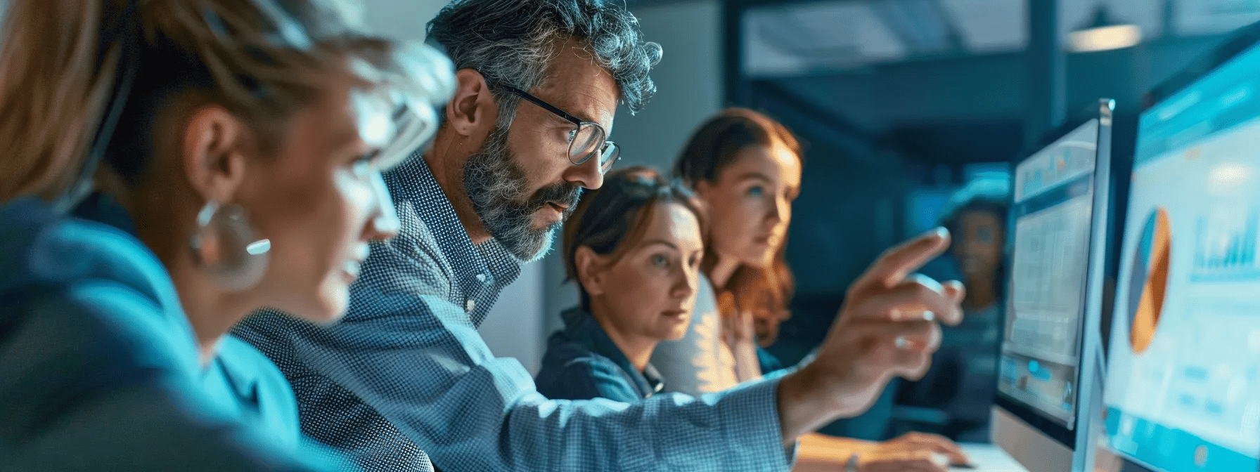 team of people focused on a computer screen that shows a knowledge management software guide