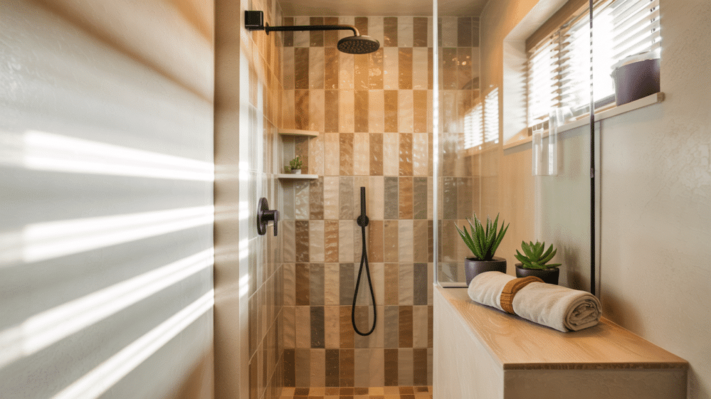 earth tone walk in shower small bathroom ideas