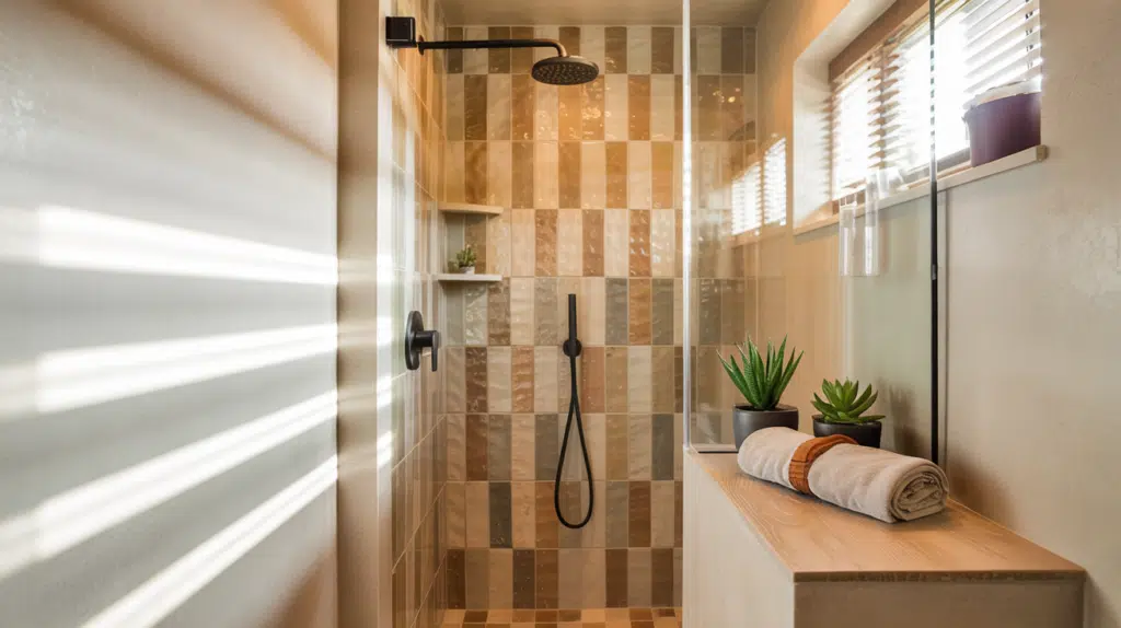 earth tone walk in shower small bathroom ideas