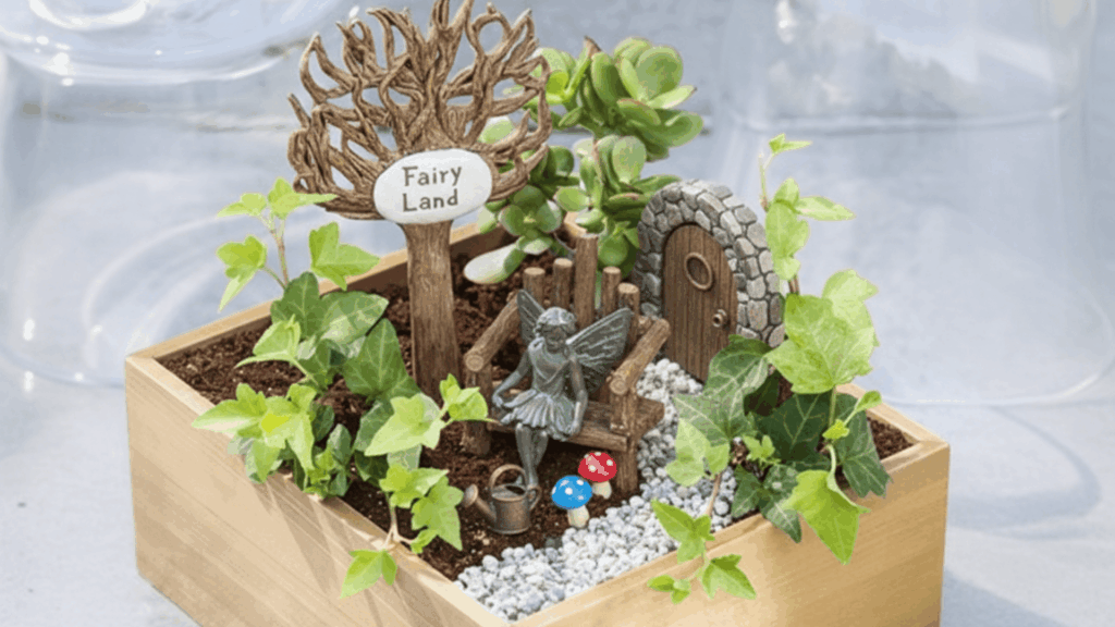 fairy garden in a wooden crate
