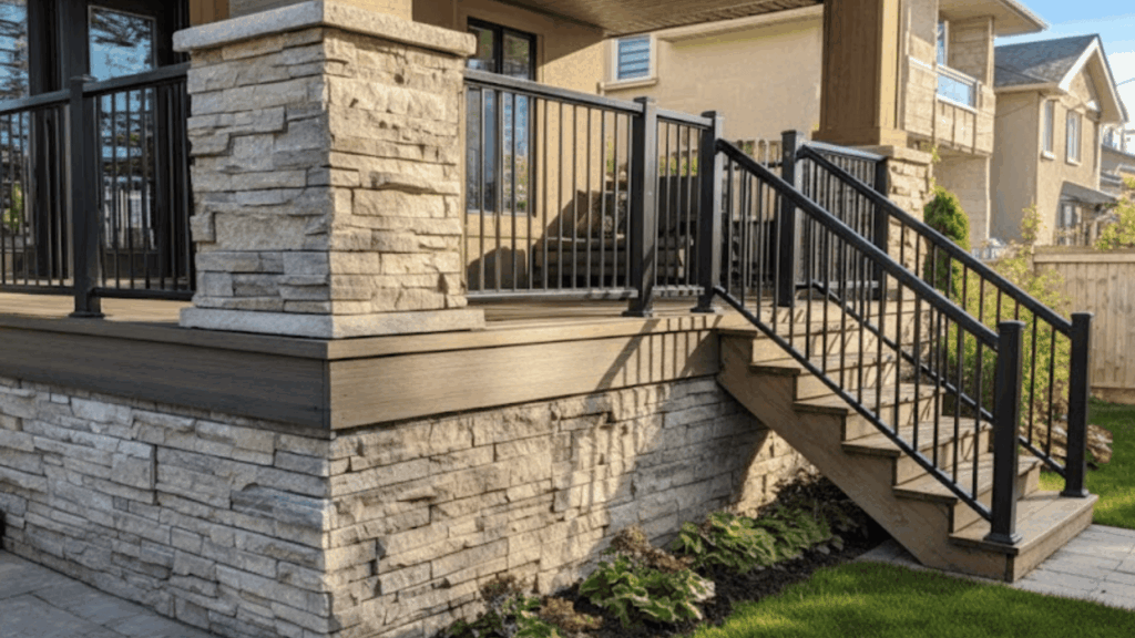 faux stone veneer in linear stack bond style