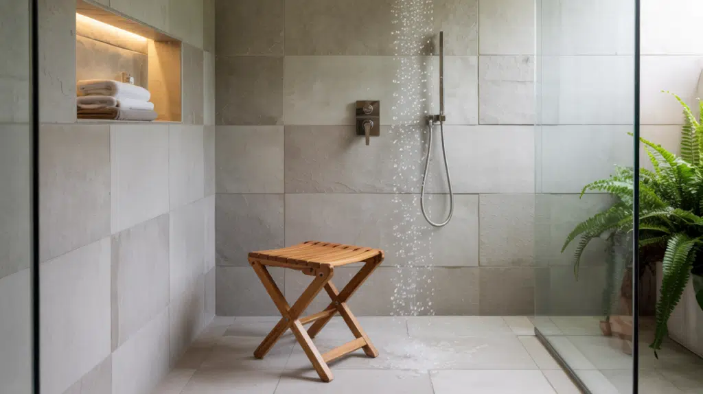 foldable teak seat walk in shower small bathroom ideas
