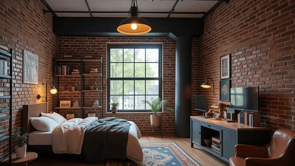 industrial chic bedroom with exposed brick