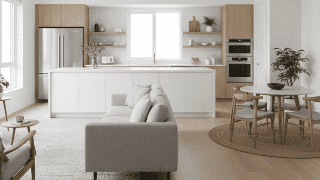 island paralled to sofa open plan