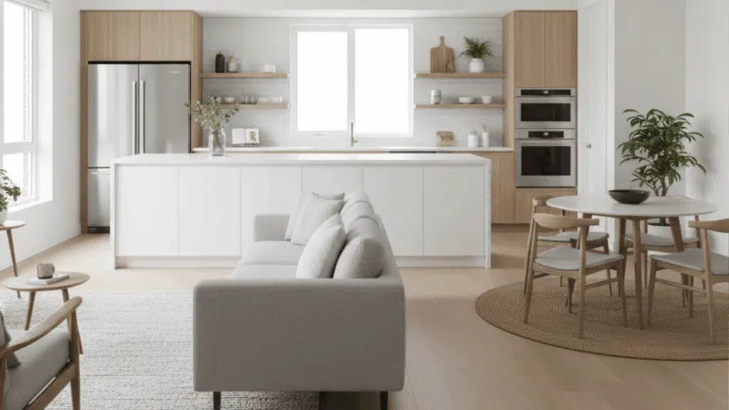 island paralled to sofa open plan