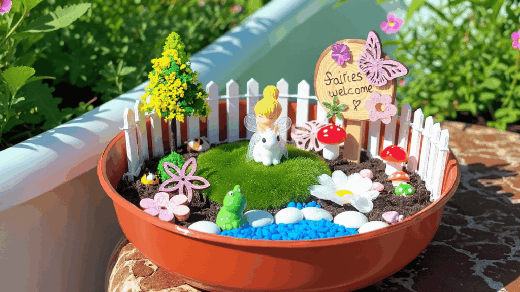 kids friendly fairy garden with colorful figures