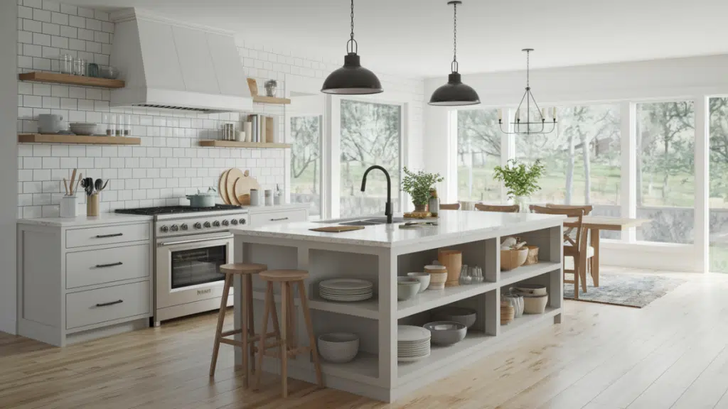kitchen island with open shelves
