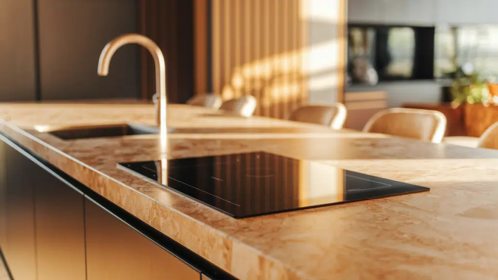 kitchen island with stove and downdraft vent