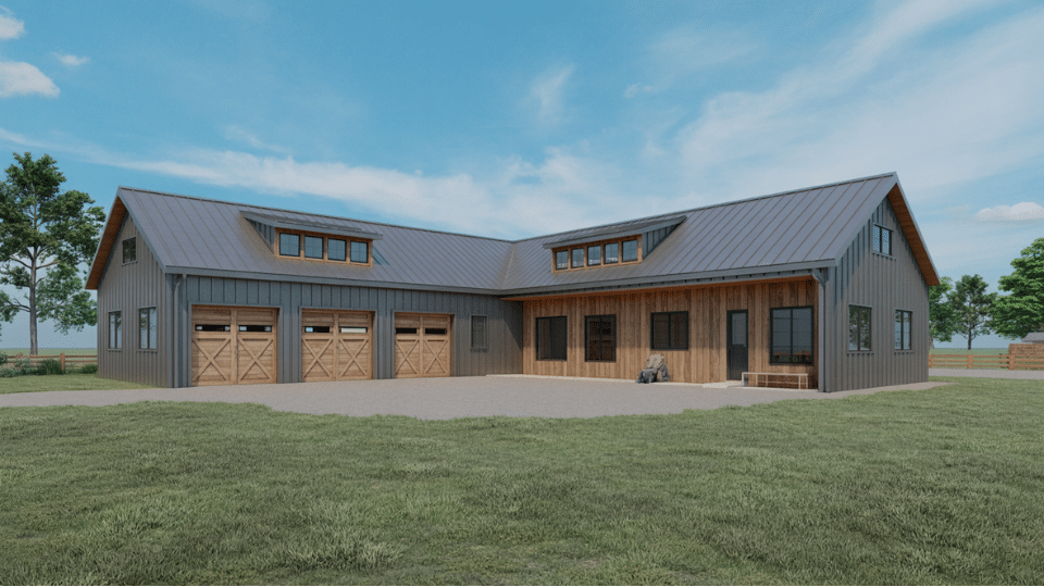 l shaped barndominium with integrated garage