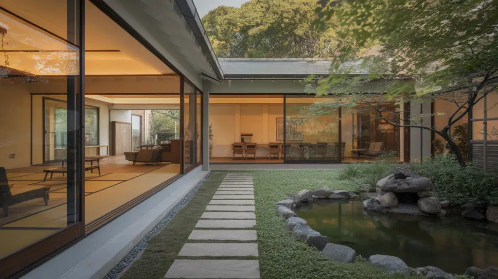 large sliding glass doors facing gardens japanese style house