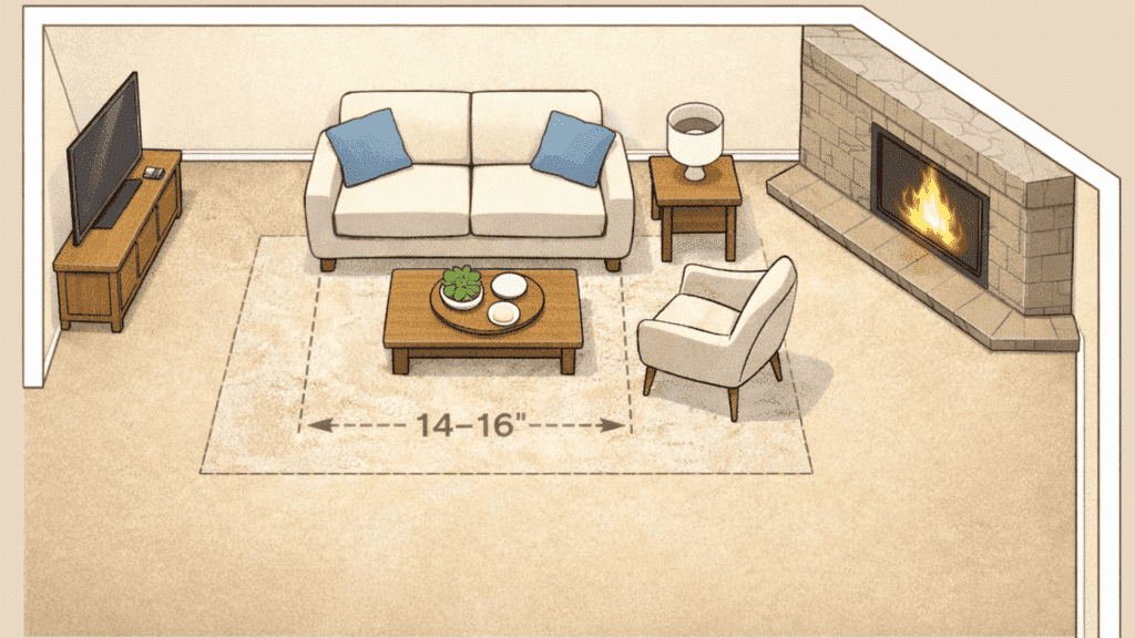 living room minimal seating layout with corner fireplace