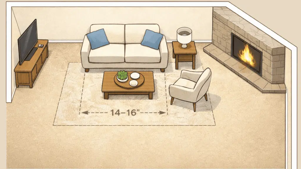 living room minimal seating layout with corner fireplace