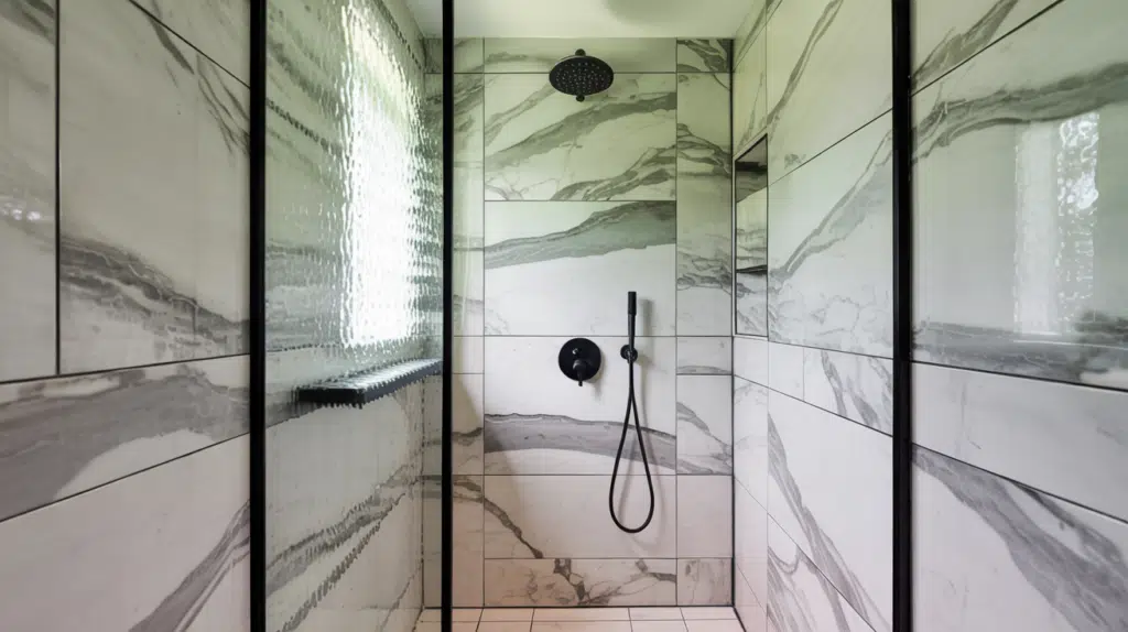 marble look tile walk in shower small bathroom ideas