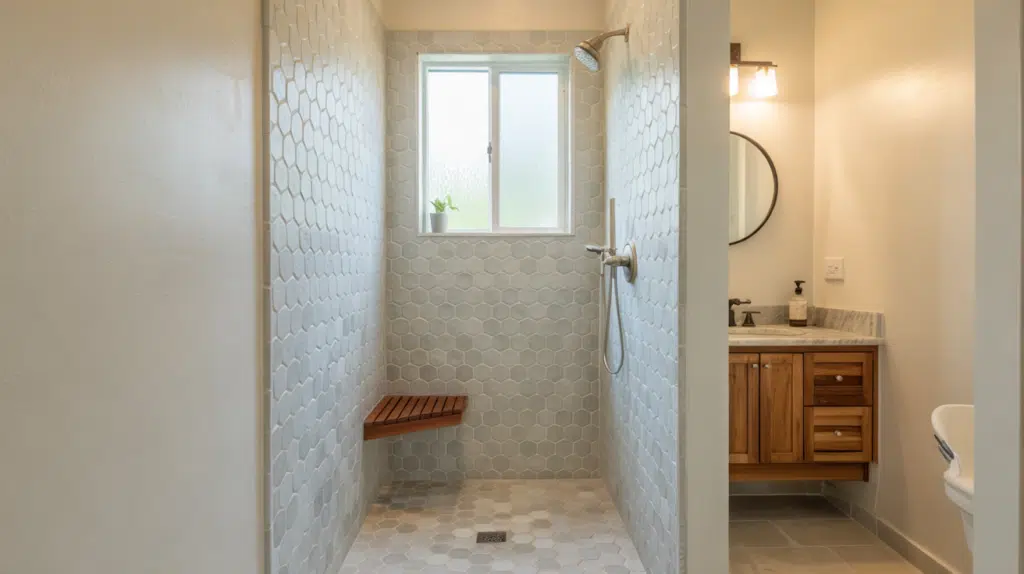 matching wall floor tile walk in shower small bathroom ideas