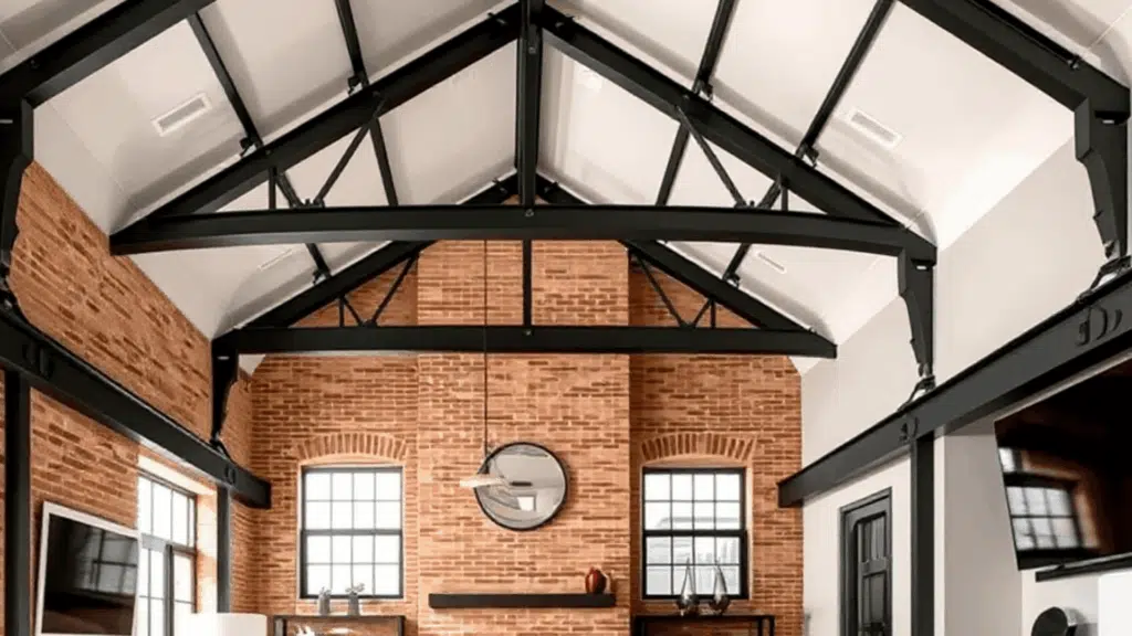 metal truss accents vaulted ceiling