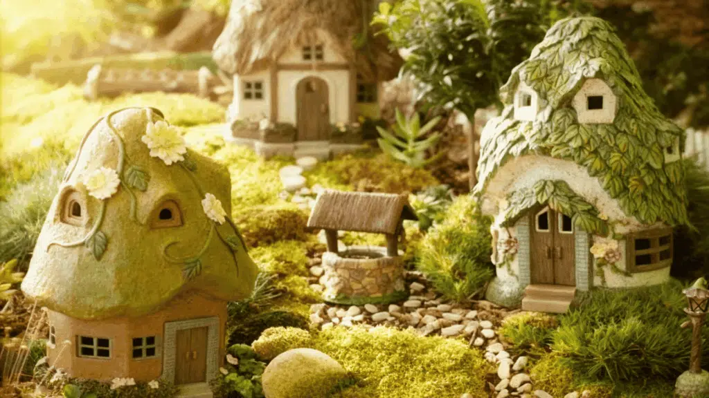 mini cottage fairy garden using clay houses
