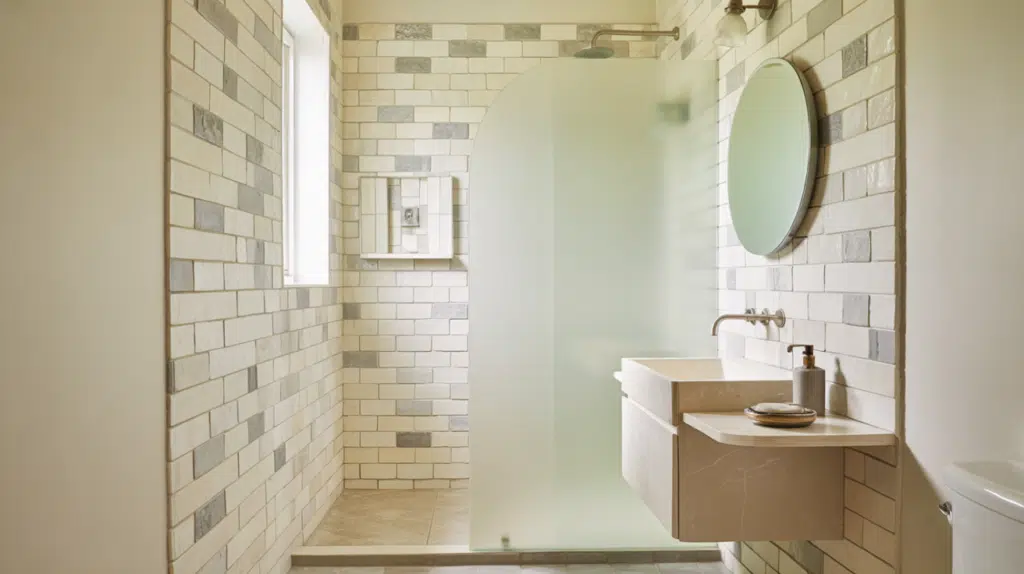 mixed texture tile walk in shower small bathroom ideas