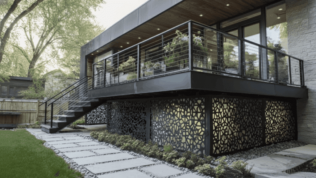 oversized metal screens with geometric cutouts