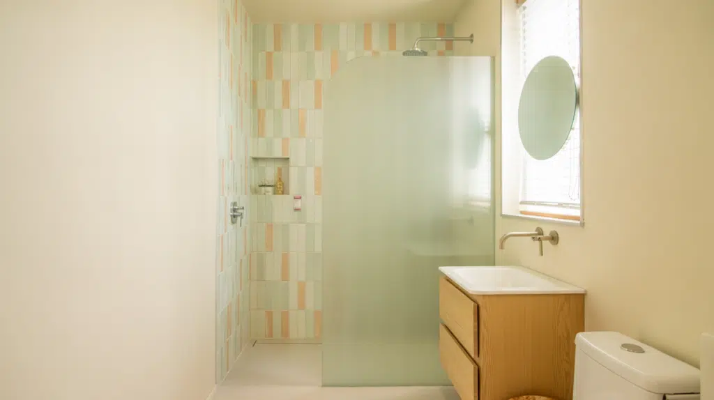 pastel accent walk in shower small bathroom ideas