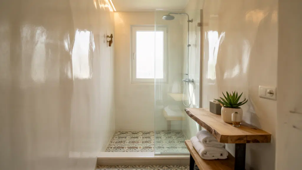 patterned floor tile walk in shower small bathroom ideas