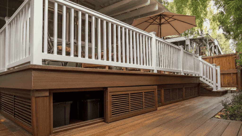raised deck storage wall with ventilated composite panels