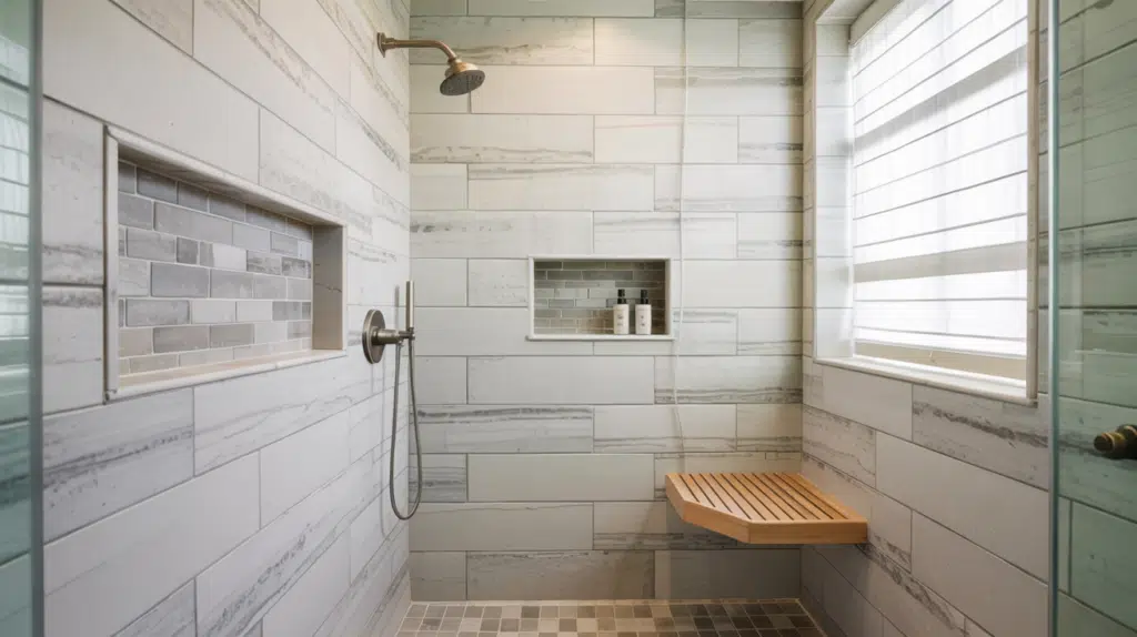 recessed wall shelf walk in shower small bathroom ideas