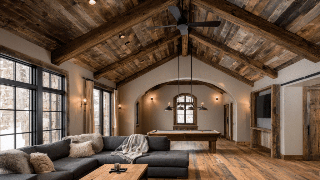 reclaimed wood beams for rustic charm