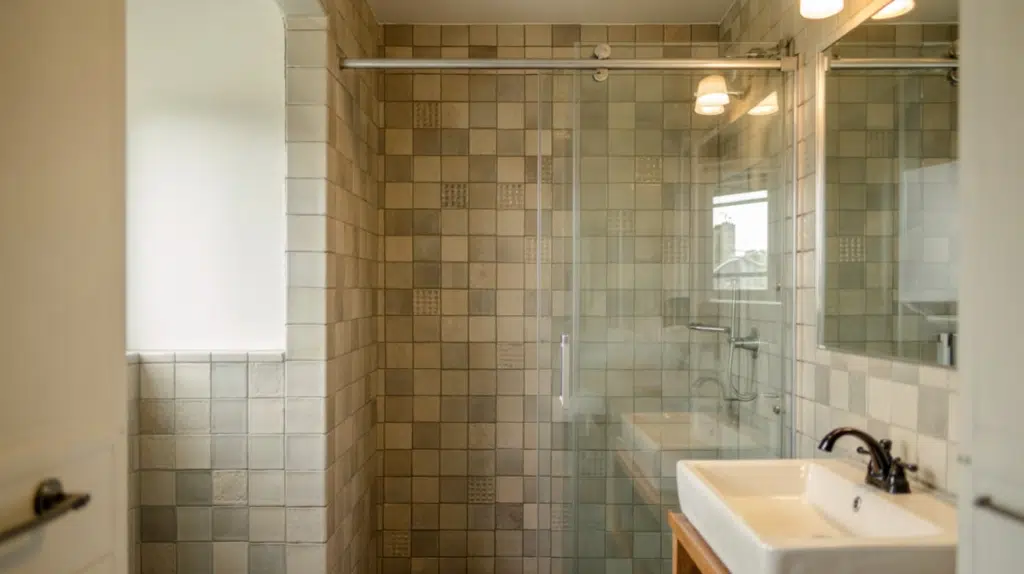 sliding glass door walk in shower small bathroom ideas