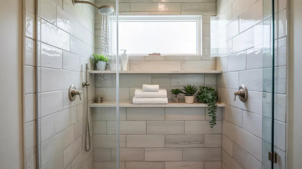 slim overhead shelf walk in shower small bathroom ideas