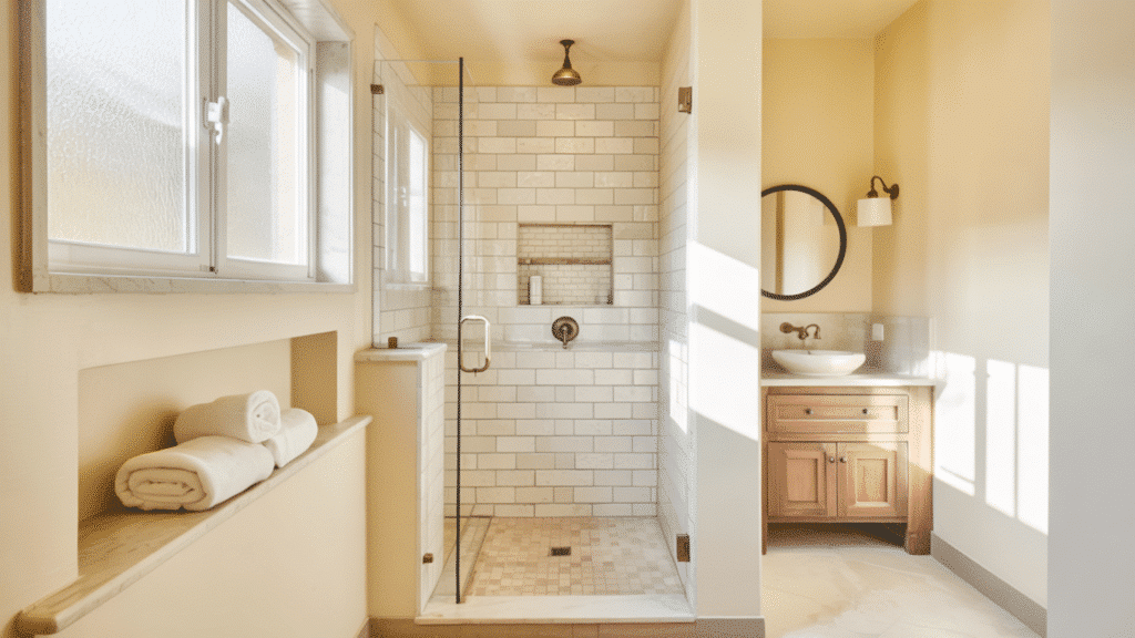 soft neutral palette walk in shower small bathroom ideas