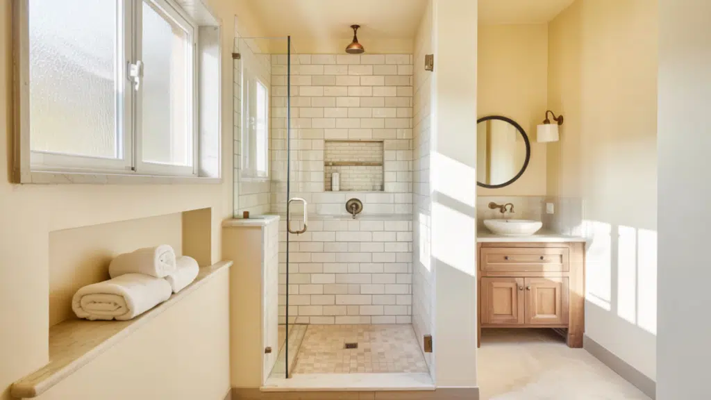 soft neutral palette walk in shower small bathroom ideas