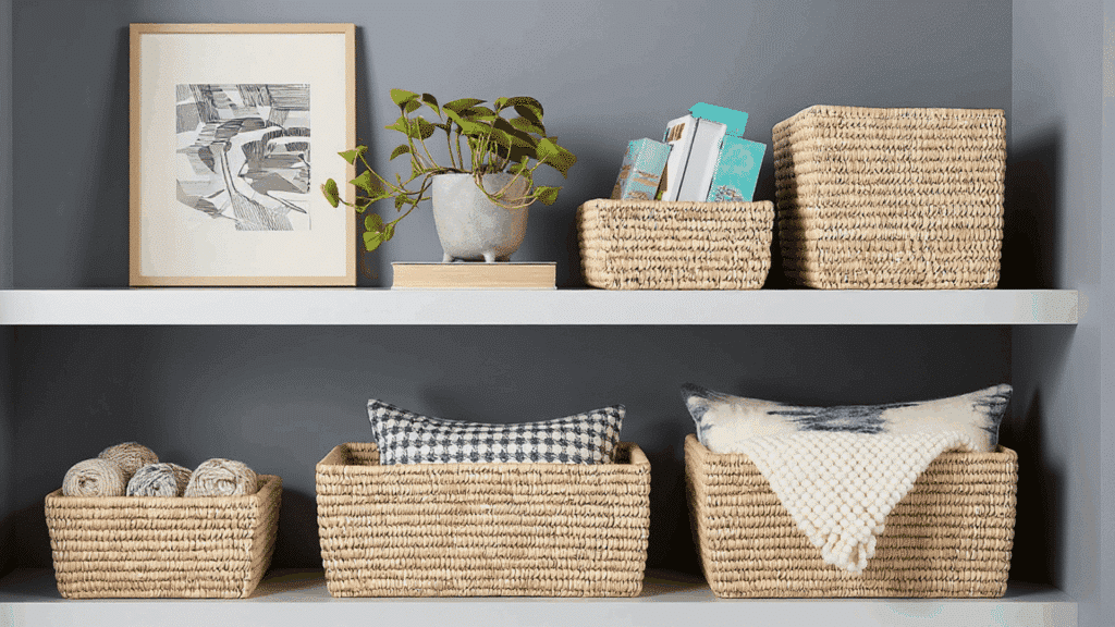store items in woven baskets