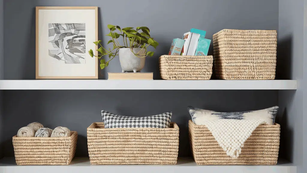 store items in woven baskets
