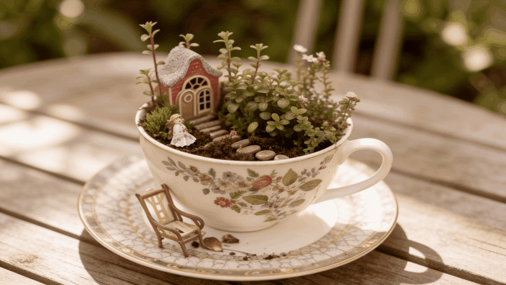 teacup fairy garden for indoor shelves