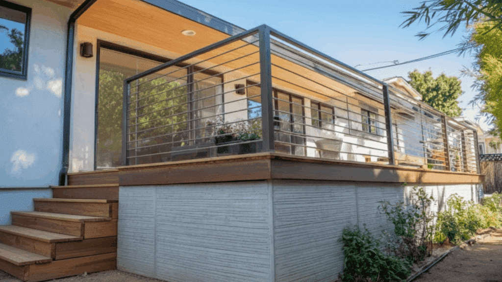 textured concrete panel skirting with horizontal score lines