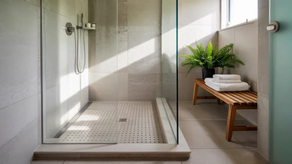 textured floor tile walk in shower small bathroom ideas