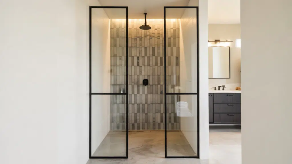 thin black frame walk in shower small bathroom ideas