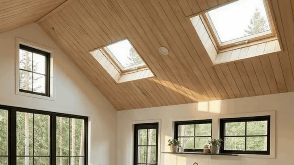 vaulted ceiling with skylights