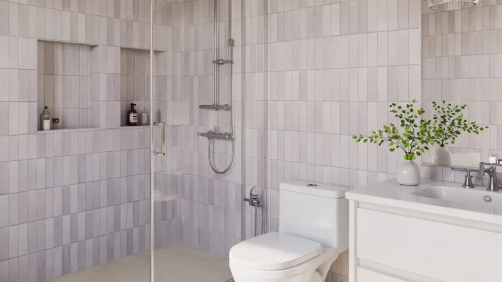 vertical subway tile walk in shower small bathroom ideas
