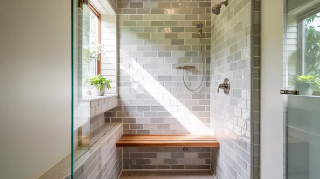 walk in shower built in bench small bathroom ideas