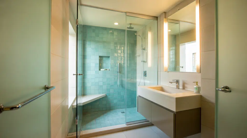 walk in shower floating vanity small bathroom ideas